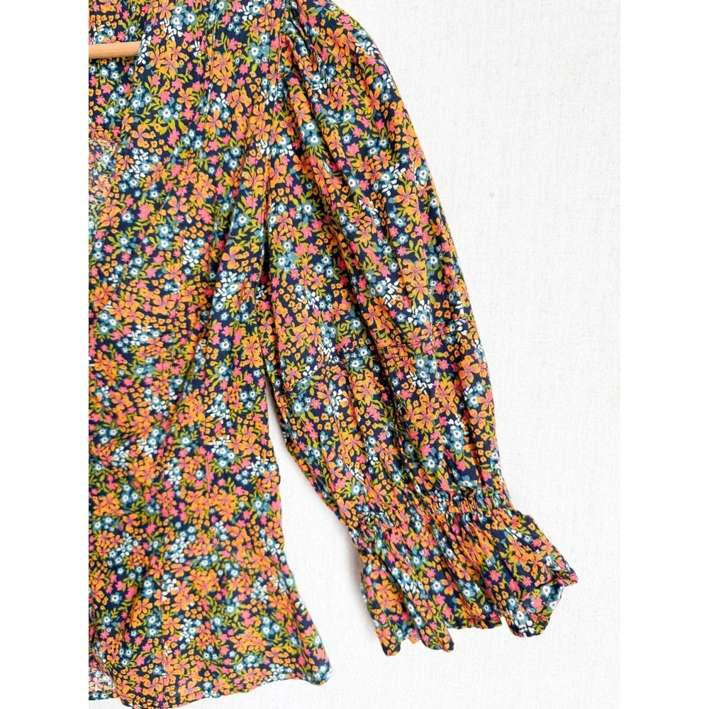 Free People I Found You‎ Floral Puff Sleeve Blouse Navy Orange Small S/P